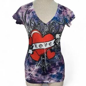 Y2K Purple and blue tie-dye heart graphic tee with rhinestone embellishments
